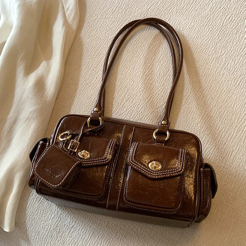 Retro Boston Taschen für Damen, luxuriöse Designer-Handtasche und Geldbörse, neue PU-Tasche mit Knopfverschluss und Schulterriemen