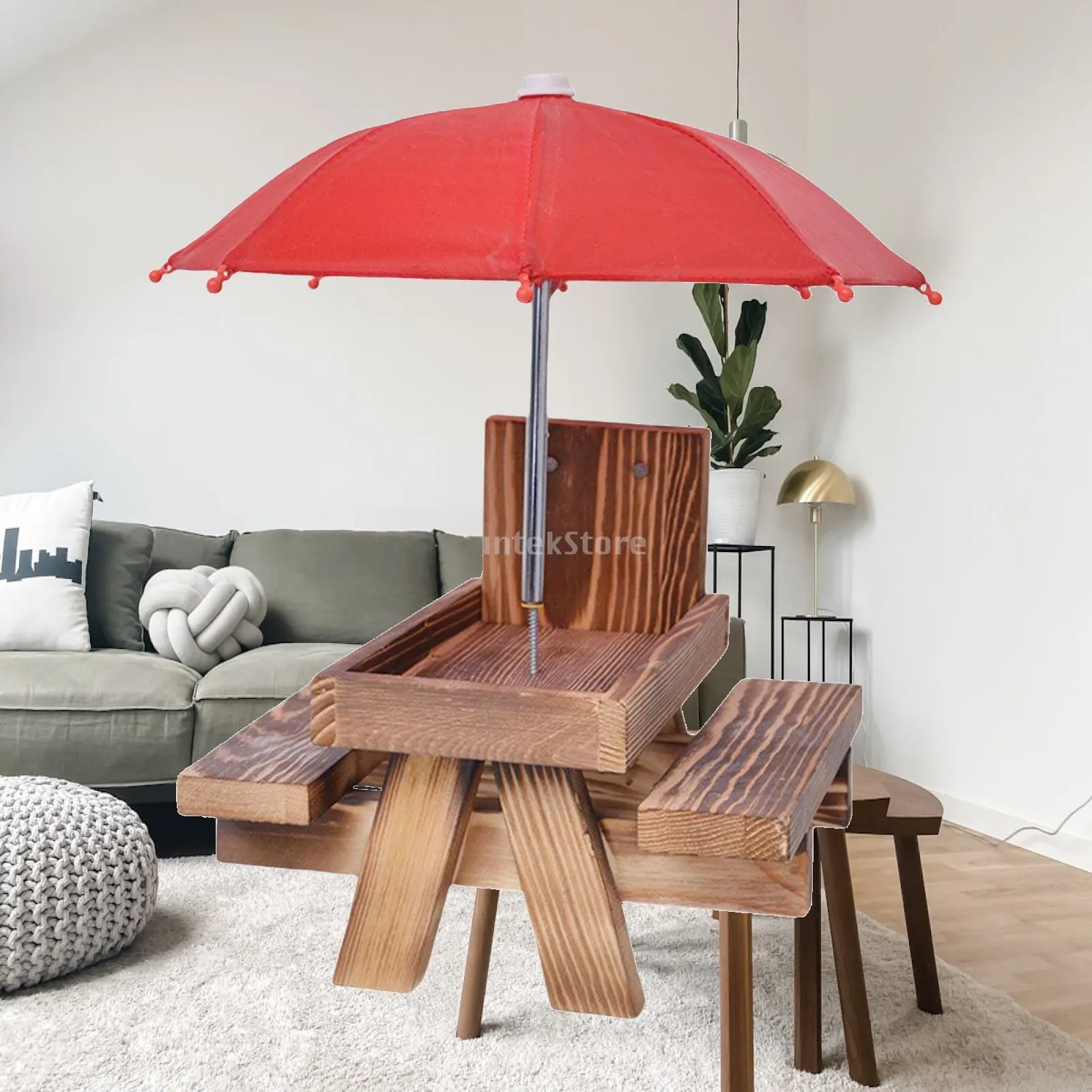 Wooden Garden Squirrel Feeder Table with Umbrella and Bench for Backyard Feeding House Decor Gift for Nature Lovers