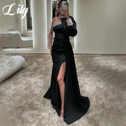 Lily Black Prom Dresses One Shoulder Evening Dress with Pleats Satin Party Dresses Sexy Side High Slit Trumpet Robe De Soirée