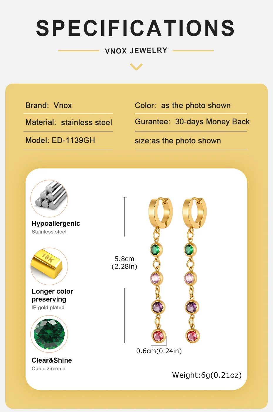 Vnox Minimalistisches, vergoldetes, mehrfarbiges Zirkonia-Schmuckset mit Halskette, Ohrringen und Armband für Damen, trendiger, farbenfroher Kristallschmuck – Detail 9