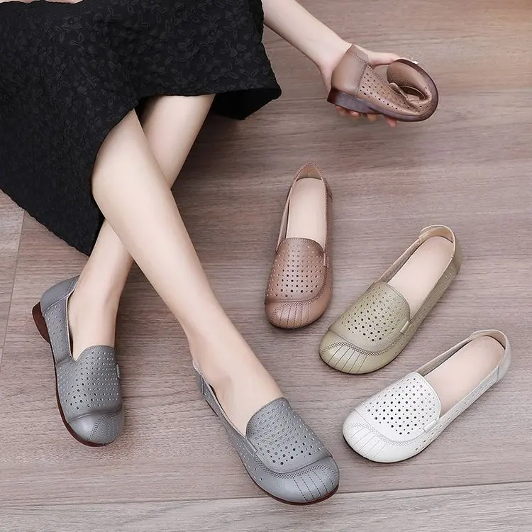 New Top layer Cowhide Women's Mesh Sandals Low Heel Mom's Shoes Fashion Comfortable Cow Tendon Soft Soled Mesh