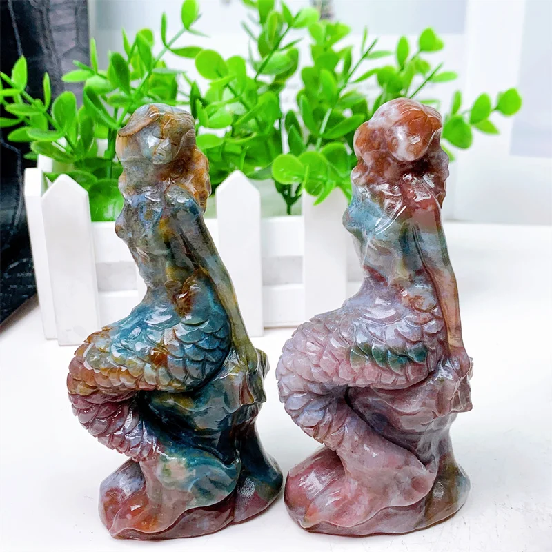 Natural Ocean Jasper Mermaid Statue, Healing Crystal Carving, Feng Shui Aesthetic, Home Decoration, Reiki Gift, 12cm, 1Pc