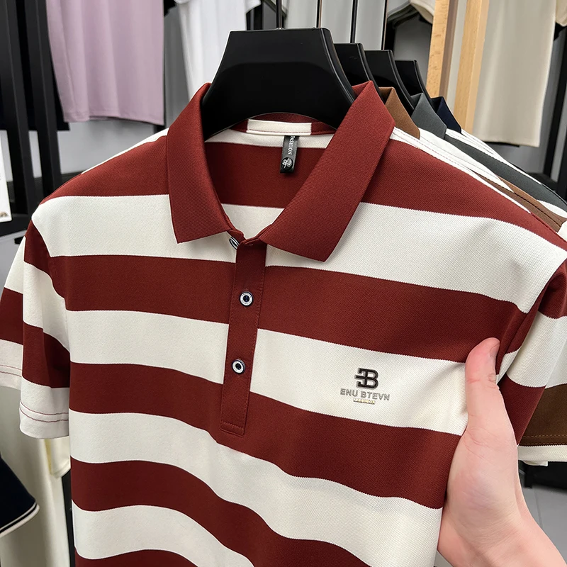 Men's Golf Polo Shirt with Collar, Short Sleeves and Wide Stripes – Breathable Summer Casual Business T-shirt