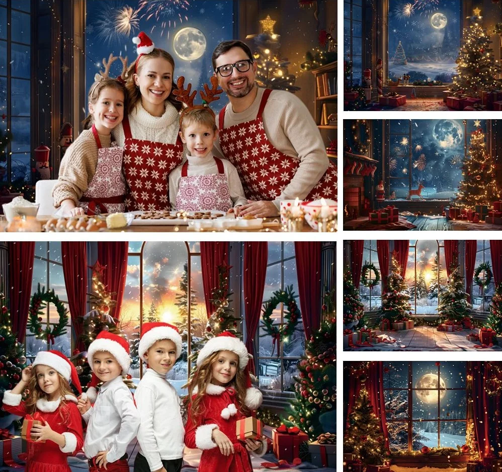 

Christmas Photography Backdrop Xmas Tree Gifts Moon Window Christmas Eve Family Party Decor Photo Background Photostudio Props