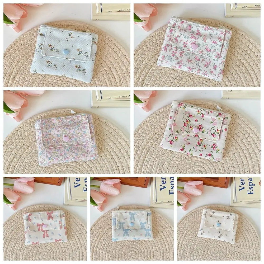 Multifunctional Mini Canvas Coin Purse Floral Print Jewelry Packing Bag Small Lipstick Bag Card Holder Bowknot Cute Wallet Daily