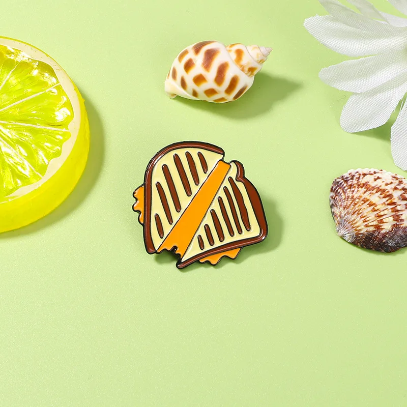 Cartoon Grilled Cheese Toast Enamel Brooch Delicious Snack Food Design Metal Lapel Pin Bag Hat Decor Cute Badge Accessory