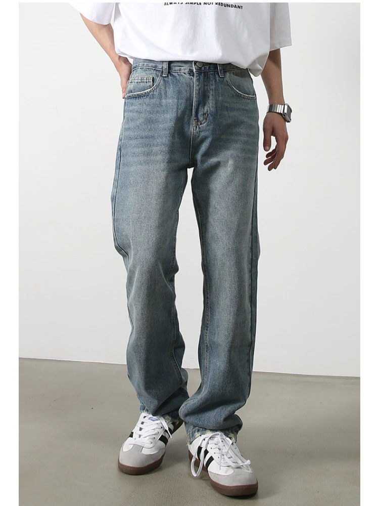 Denim Flare Pants Men Jeans Straight Trousers Long Pant Casual Loose Regular Splice Simple Button High Waist Autumn 2024