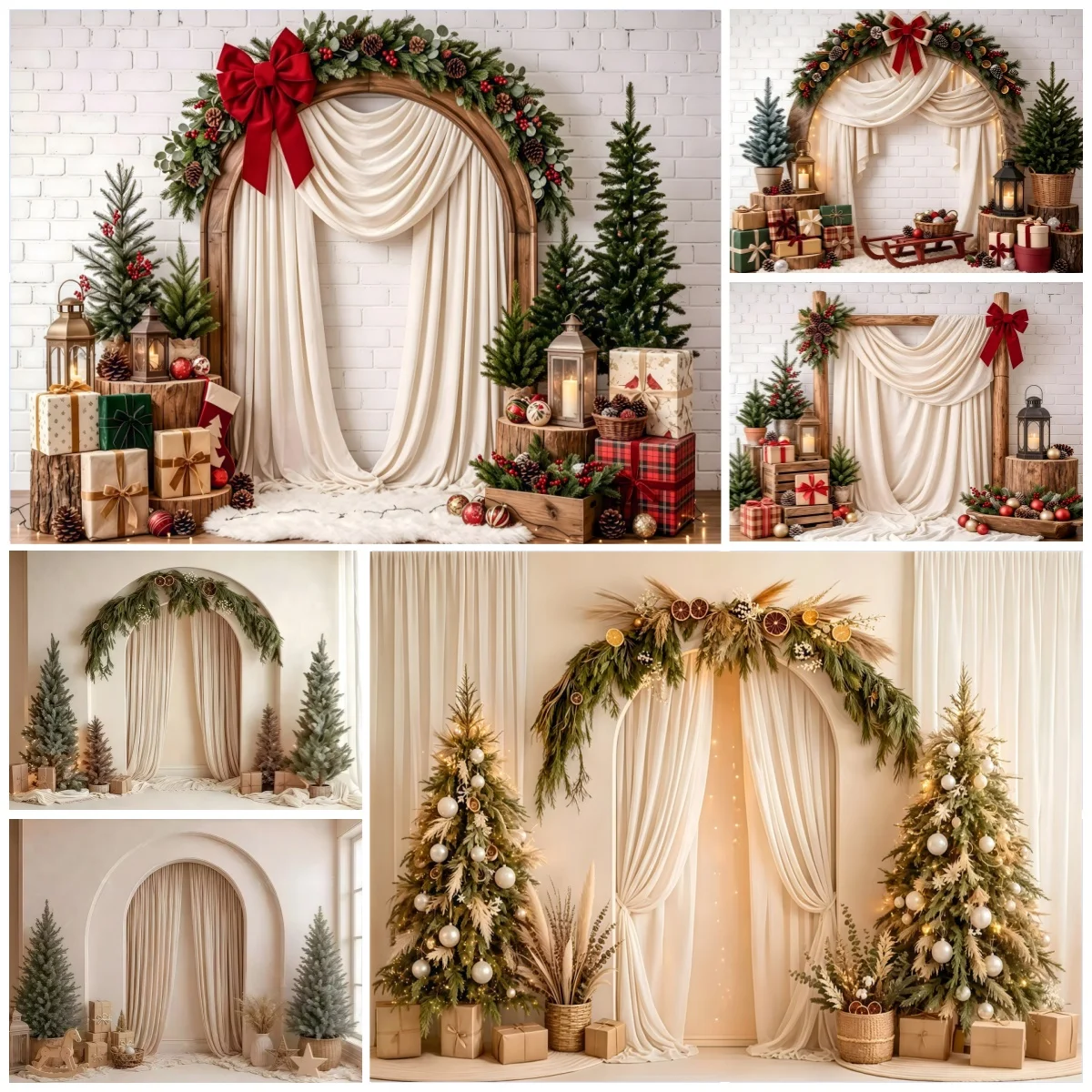 Toile de fond photographique de Noël, mur en arche bohème, sapin de Noël, décoration d'hiver, pour les vacances, les photos de famille et d'enfants, fond de studio photo.