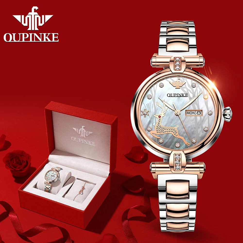 

OUPINEK Original Automatic Watch Women Stainless steel Ceramics Waterproof Deer Design Date Bracelet Watch Gift Set 3180