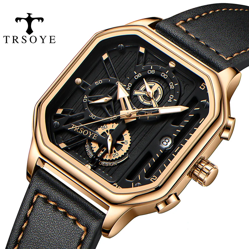 

Trends Genuine Black Square Quartz Luxury watches for Men 2023 Leather casual Leather Waterproof TRSOYE 6604 relogio maculino