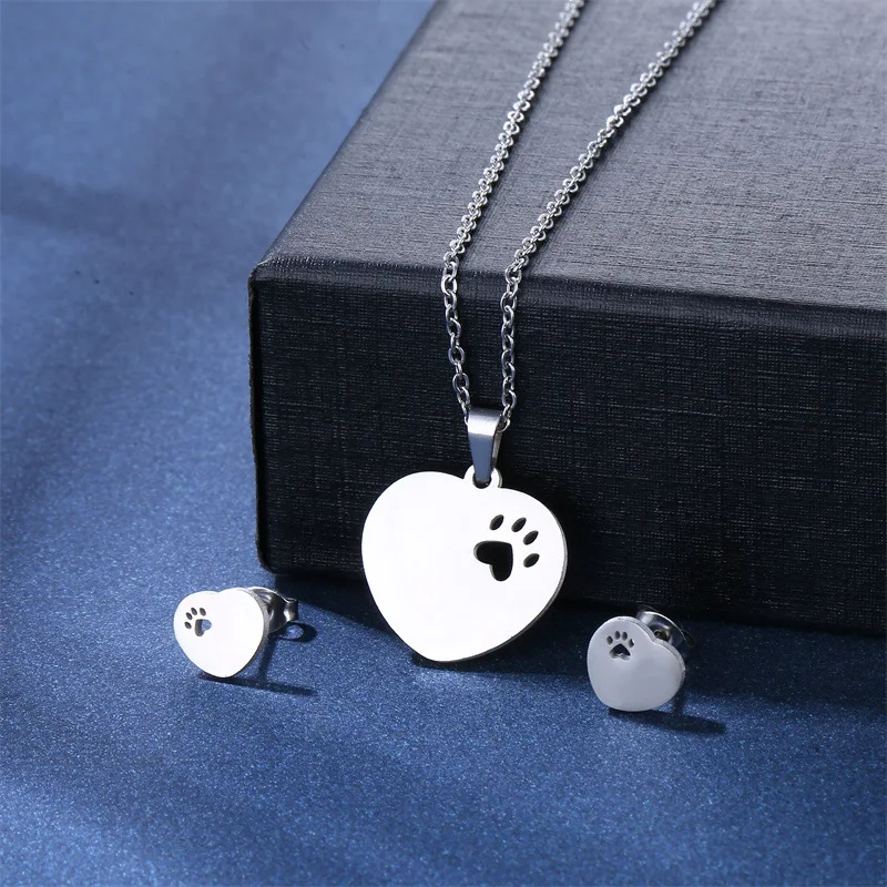 316L NEW Stainless Steel Pendant Heart earrings Necklace set women Footprint Jewelry Daughter Mother\'s Day Gifts Choker TZ123