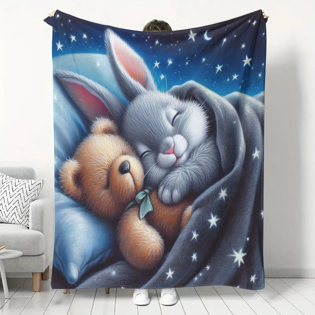 Cozy Flannel Blanket with Sleeping Bunny & Teddy Bear Starry Night Design - Soft Warm All-Season Throw for Sofa, Bed, Office, Ca