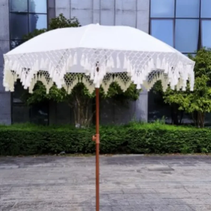 White Fringed Rope Outdoor Parasol Beach Umbrella for Garden Courtyard Cafe Patio Shade