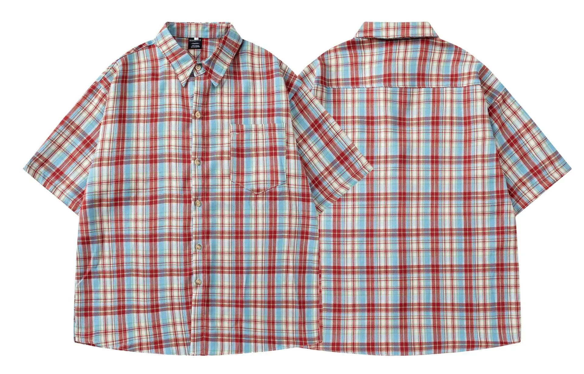 American Style Men's Plaid Short Sleeve Shirt 2025 Summer Loose Casual Couple Button Down Dress Shirt Y2K Unisex Streetwear