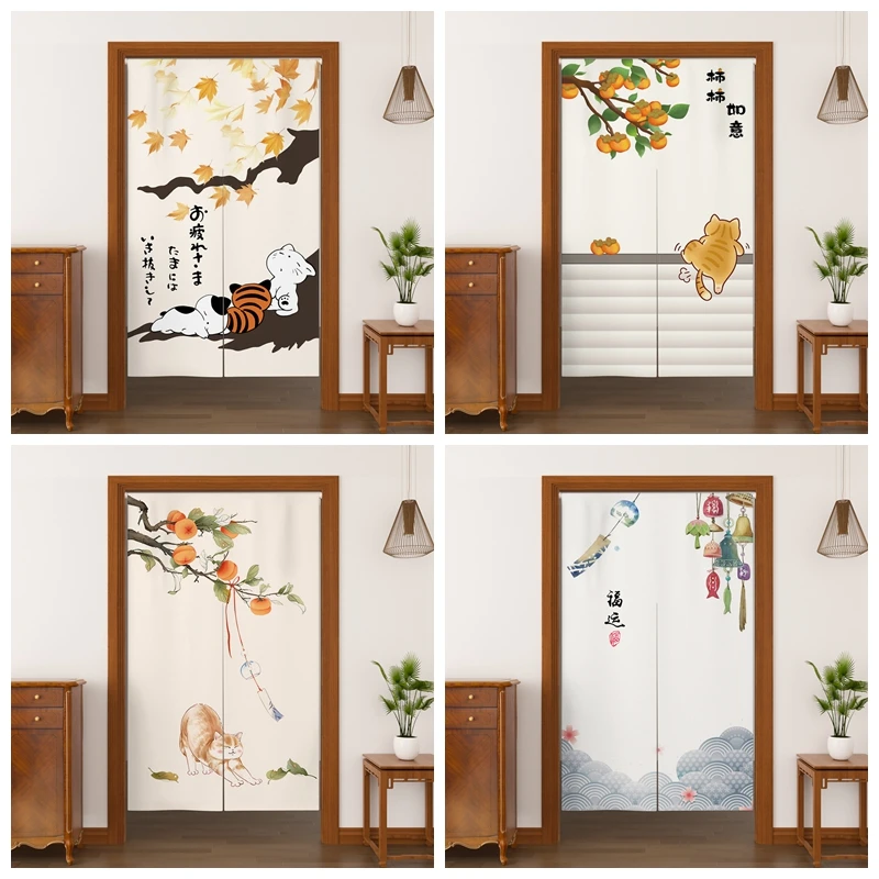 Japanese Noren Door Curtains Cute Cat Persimmon Maple Wind Chime Patterns Linen Doorway Curtains Kitchen Entrance Half Curtains
