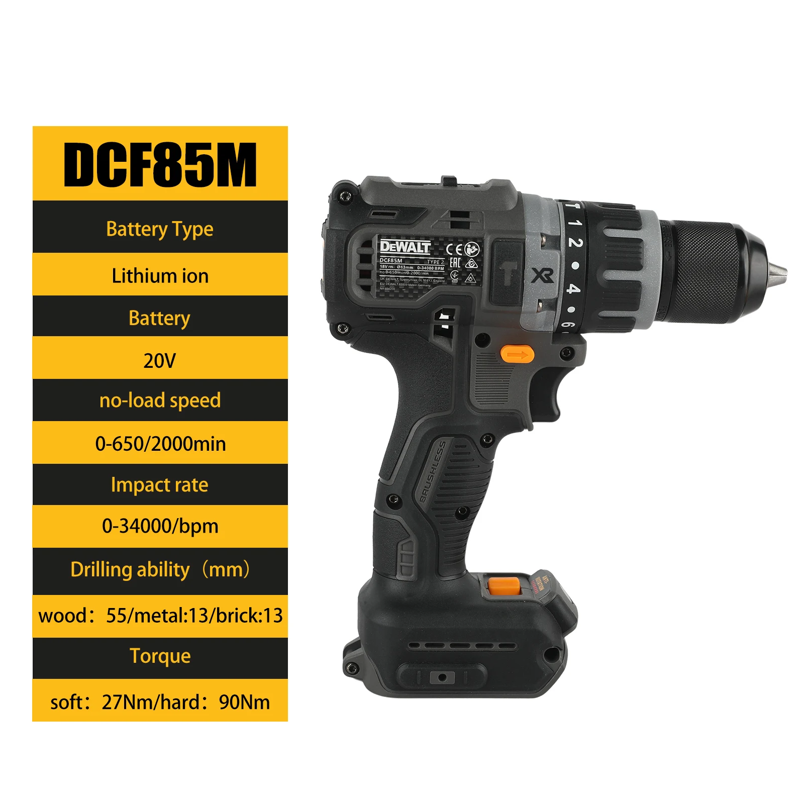 สว่านกระแทกไร้สาย Dewalt DCF85m แบบไร้แปรงถ่าน สว่านไร้แปรงถ่านอเนกประสงค์ ชาร์จไฟได้ พกพาสะดวก ใช้แบตเตอรี่ 20V