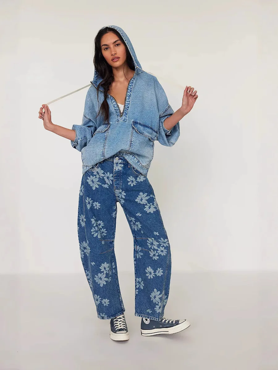 2025 Sudadera con capucha de mezclilla para mujer, jersey de gran tamaño con cuello en V, Top con media cremallera frontal, bolsillos de utilidad, mezcla de algodón, ropa de calle