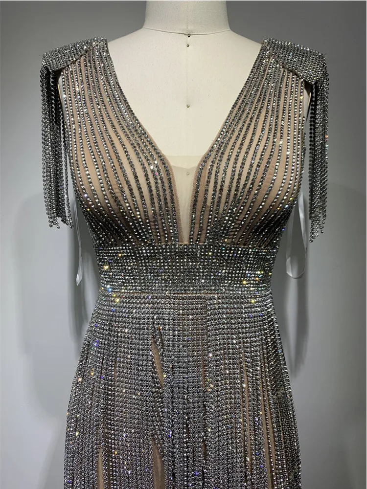 Robe à Franges et Diamants pour Femme, Col en V, Mini Paillettes, Costumes de Scène, de Soirée, de Club, de Luxe