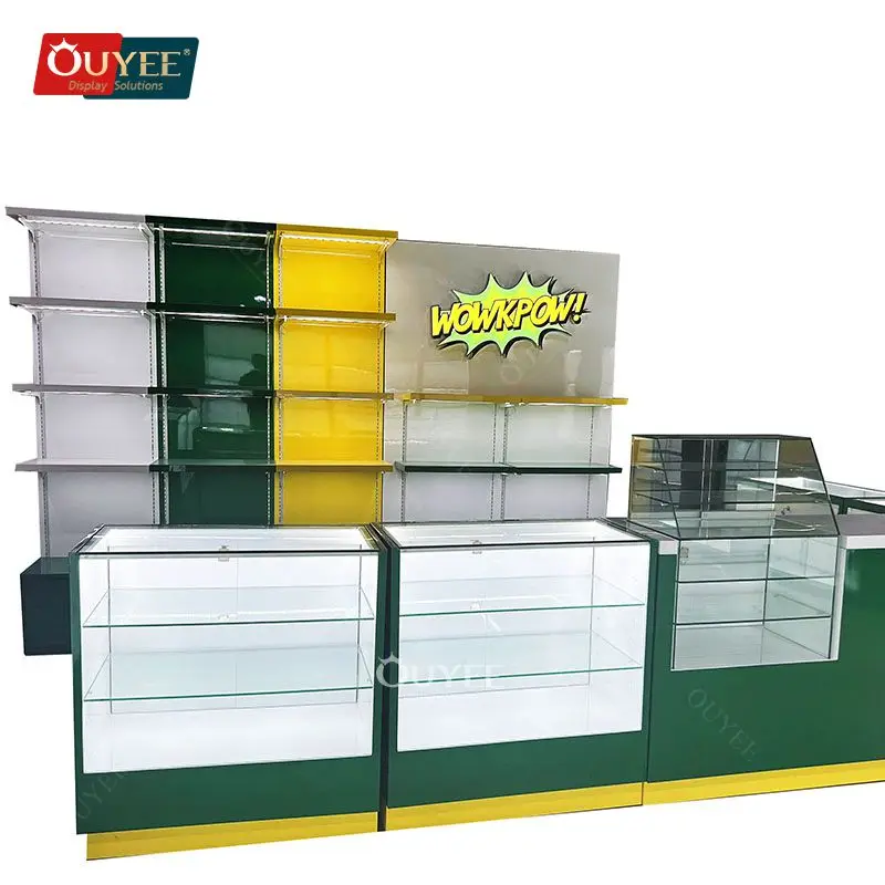 Customized-High Quality Smoke Shop Display Cabinet Wheels Led Glass Shelf Cabinet Racks Smoke Shop Display Hookah