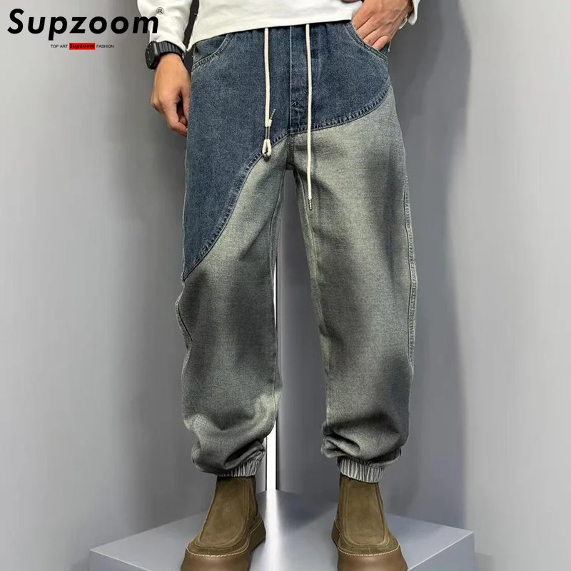 Supzoom New Arrival Hot Sale Top Fashion Autumn Zipper Fly Stonewashed Splice Casual Cargo Denim Pockets Cotton Jeans Men