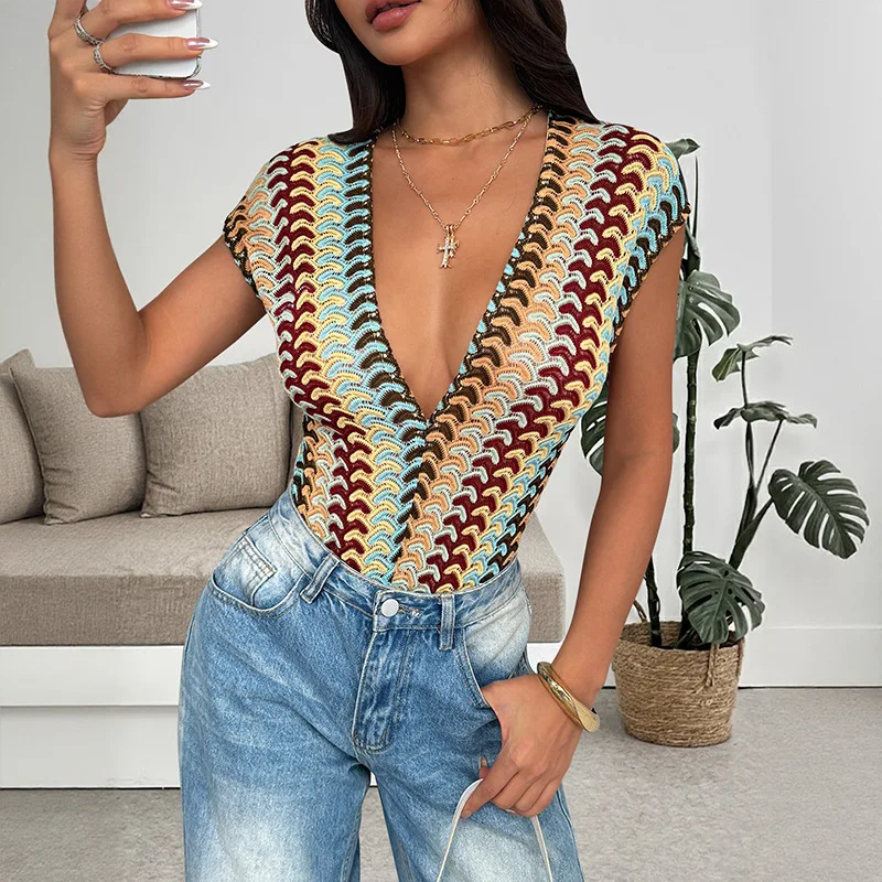 

New Color Embroidered Striped Deep V-neck Sexy Hot Girl Jumpsuit European and American Sleeveless Jumpsuit for Women