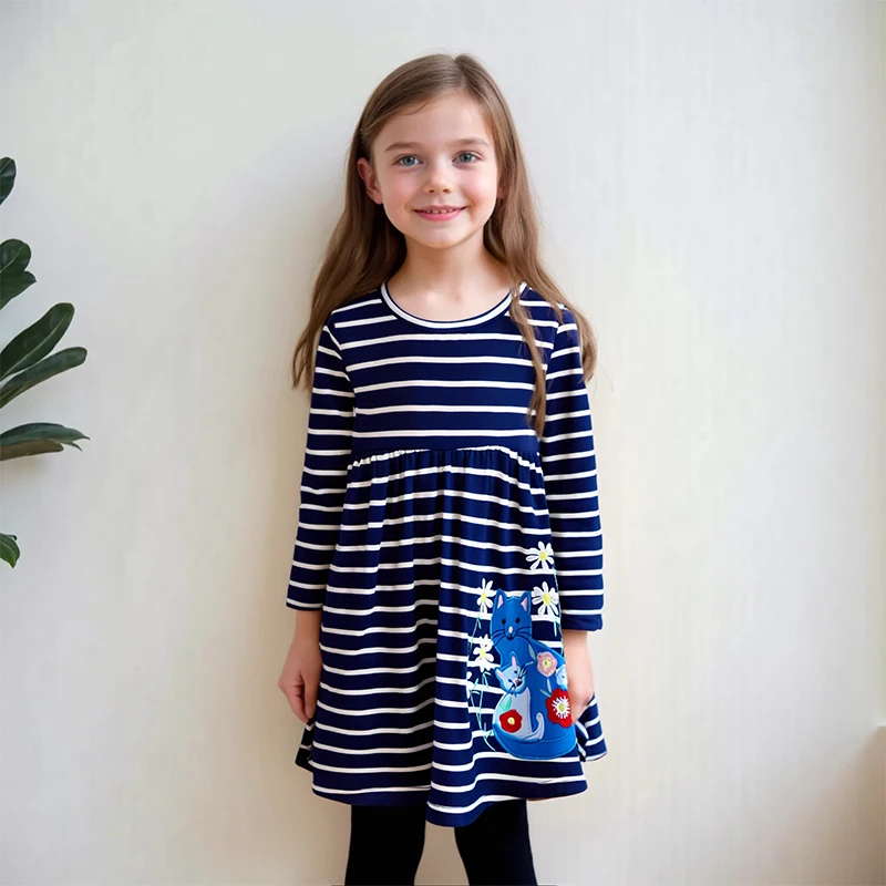 Little Maven Mädchenkleider Kostüm Stickerei Blume Tier Katze Kinder Freizeitkleider Das Kostüm für Mädchen Langarmkleid