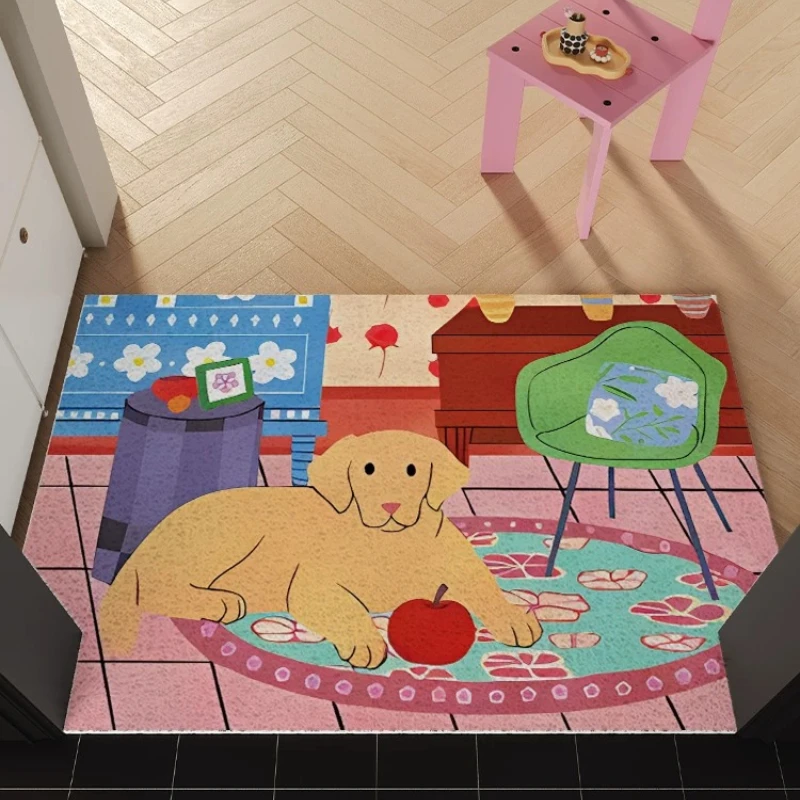 Cartoon Golden Dog Interior Scene PVC Wire Loop Coil Doormat Anti-Slip Dirt Catching Welcome Rug Indoor Outdoor Entrance Decor