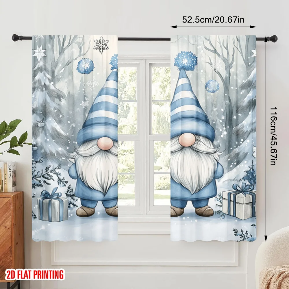 2pcs,2D plane printing Curtains&Window Treatment Cute Gnomes Christmas Snow Winter Durable 100% Polyester Fabric (without rod)
