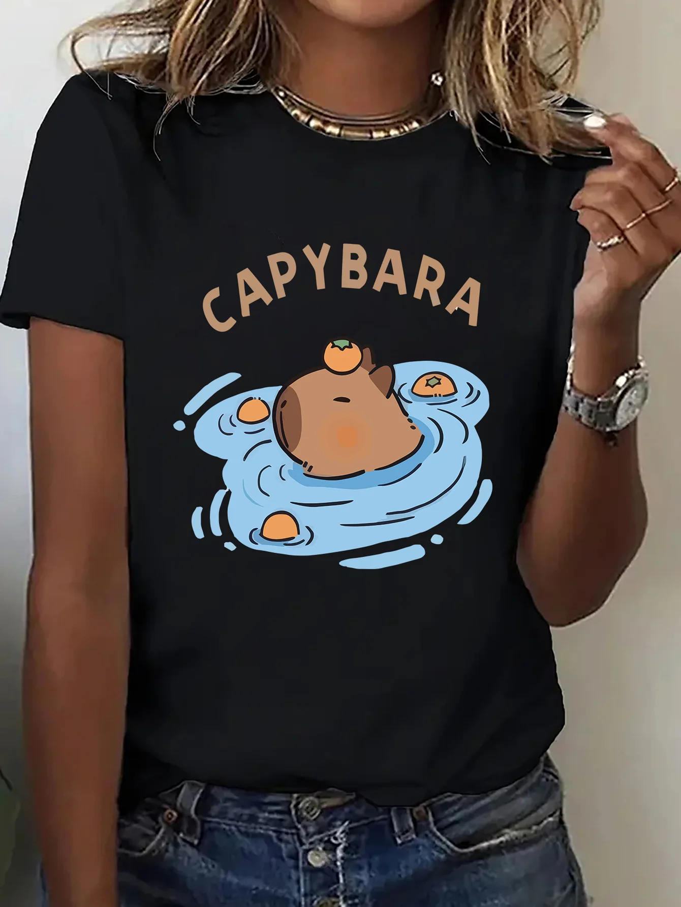 Cute Cartoon Capybara Floating In Water With Persimmon Art Print Graphic Ladies T Shirt Short Sleeve Crew Neck Casual Tee Tops