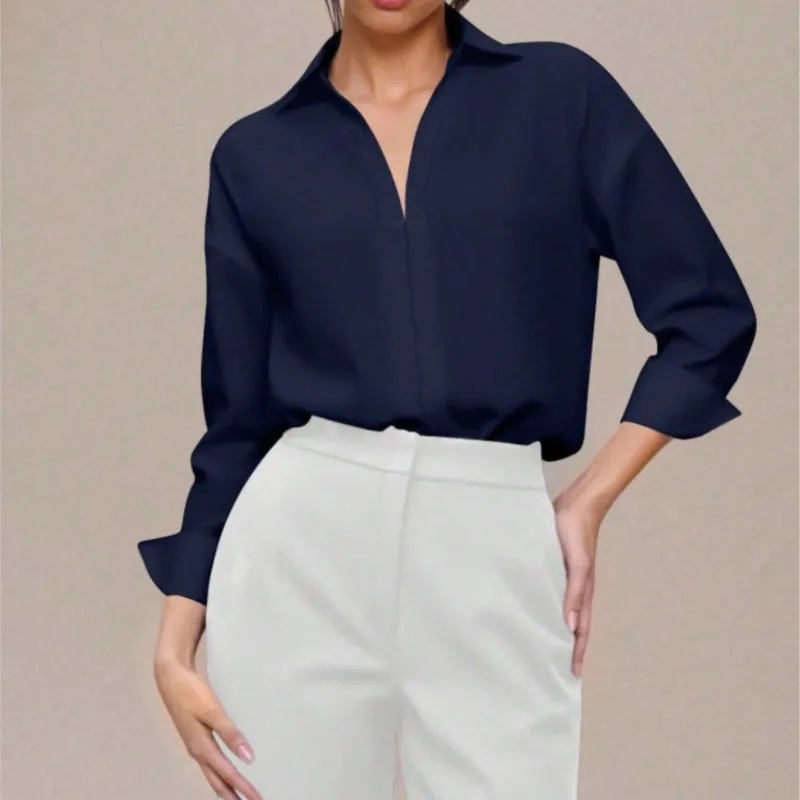 

Elegant One-piece Long Sleeve Blouse for Women Button Lapel Solid Blouse Office Chic Tops with Classic Collar & Versatile Style