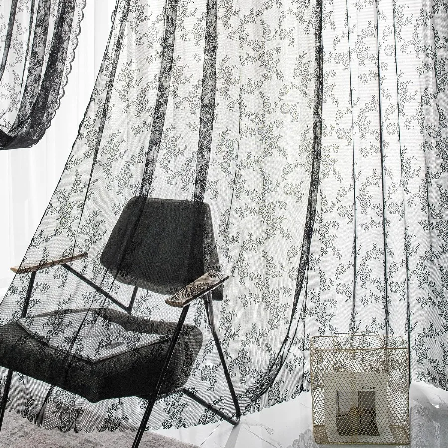 Rideaux en dentelle noire, 84 pouces de Long, ensemble de 2 panneaux transparents, gothique, rétro, fleurs, Voile, traitement de fenêtre, pour chambre à coucher, salon
