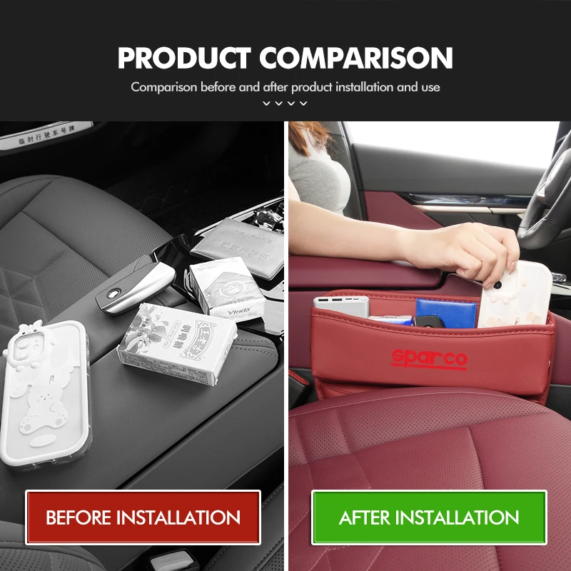 Imagen 4: Soporte de cuero para asiento de coche, relleno de hendiduras, caja de almacenamiento lateral, portavasos para Sparco