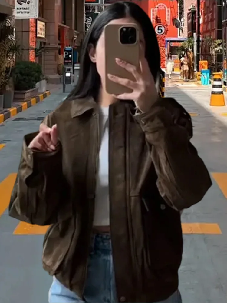 

Винтажная замшевая короткая куртка, женская повседневная универсальная куртка с отложным воротником на молнии, пальто на молнии, осень-зима 2021, модная уличная верхняя одежда