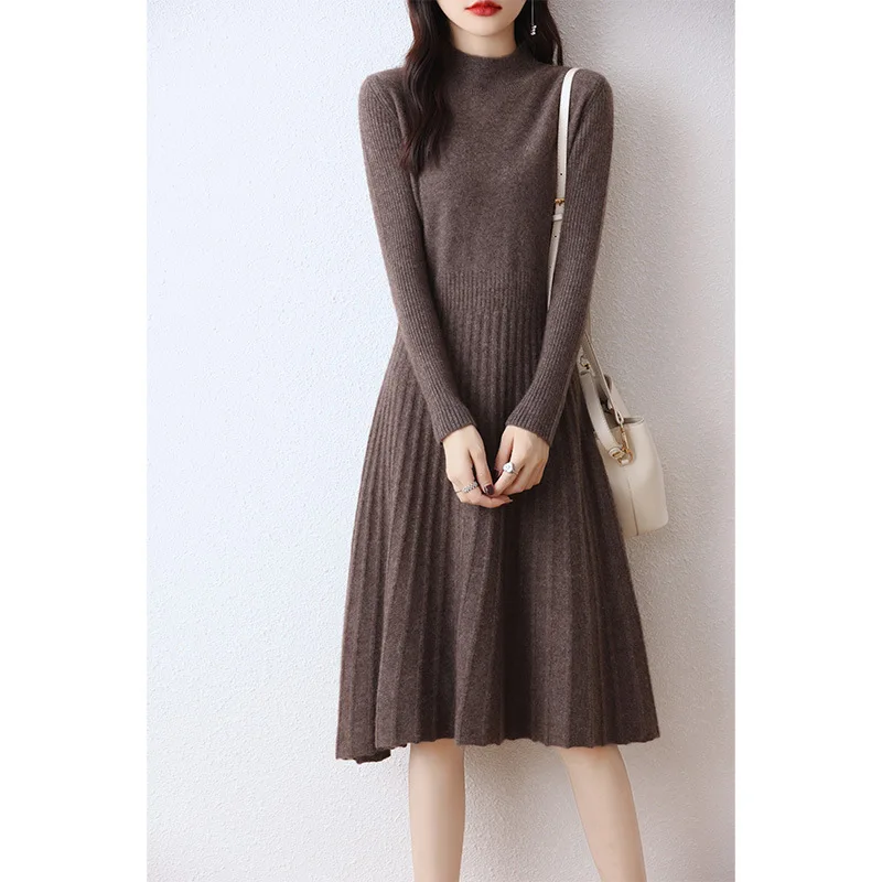 Women's Fashion Autumn and Winter New Half High Collar 100% Pure Wool Slim Fit Solid Color Bottom Fashion A-line Knitted Dress