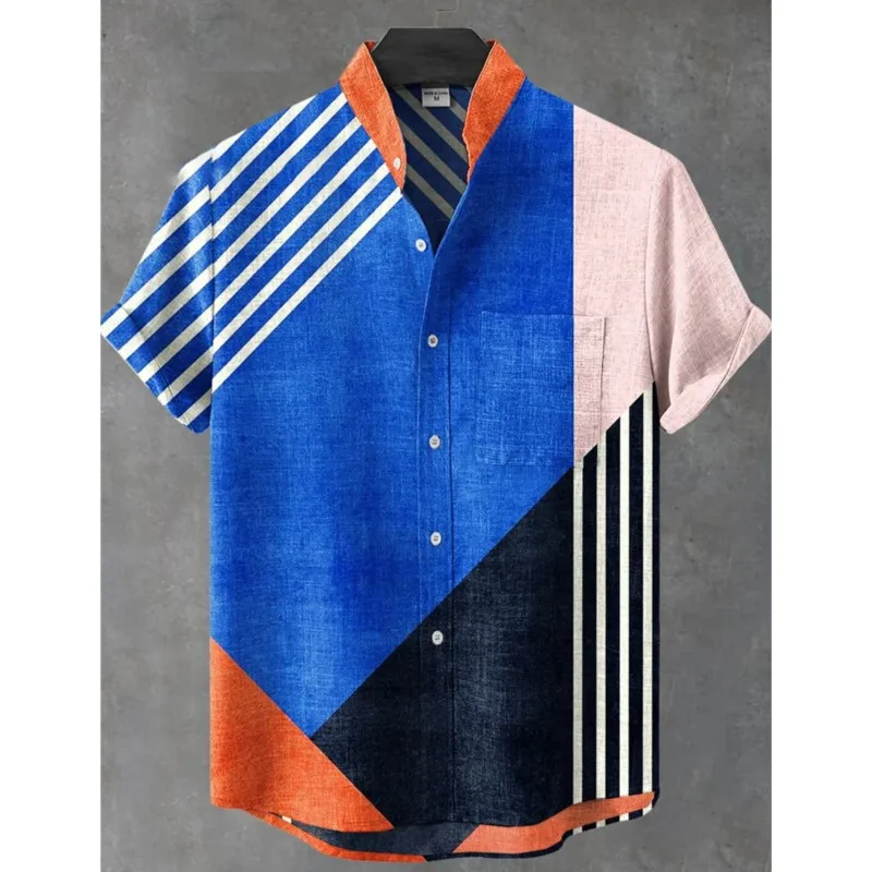 Men's Summer Comfortable Casual Short Sleeved Shirt With Irregular Pattern Printed Linen Button Fashion Shirt Printed T-shirt