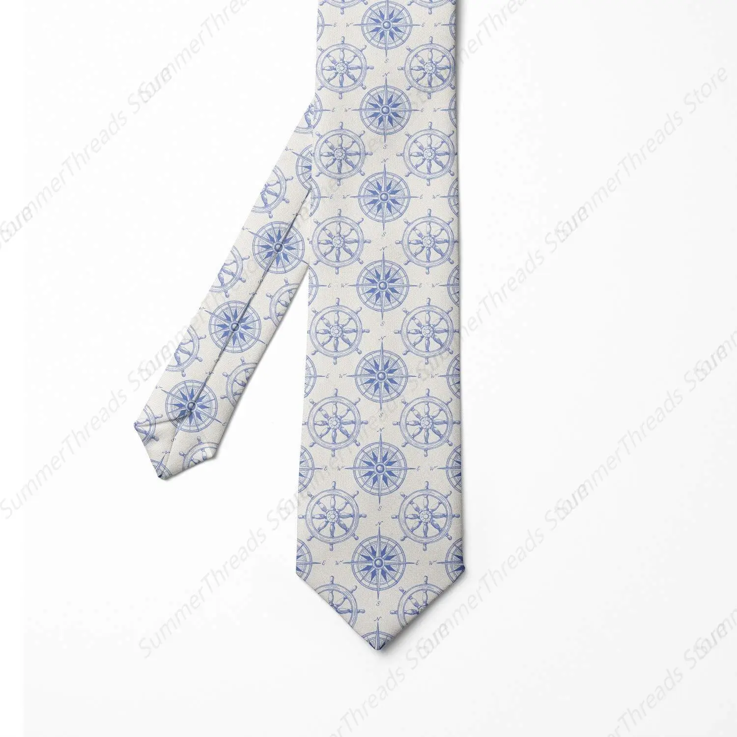 Men's Tie, Wheel and Compass Motifs White and Blue Ties