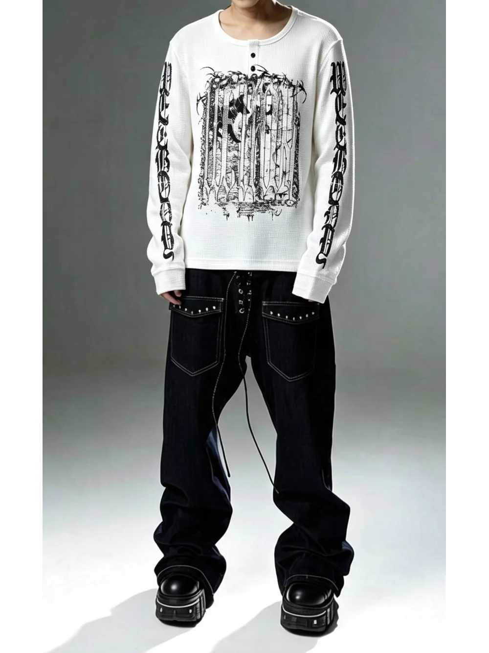2026 New Retro Subculture Waffle Casual Long Sleeved Top With Henry Collar, Vintage Gothic Print, Unisex Street Trend, Niche Ins