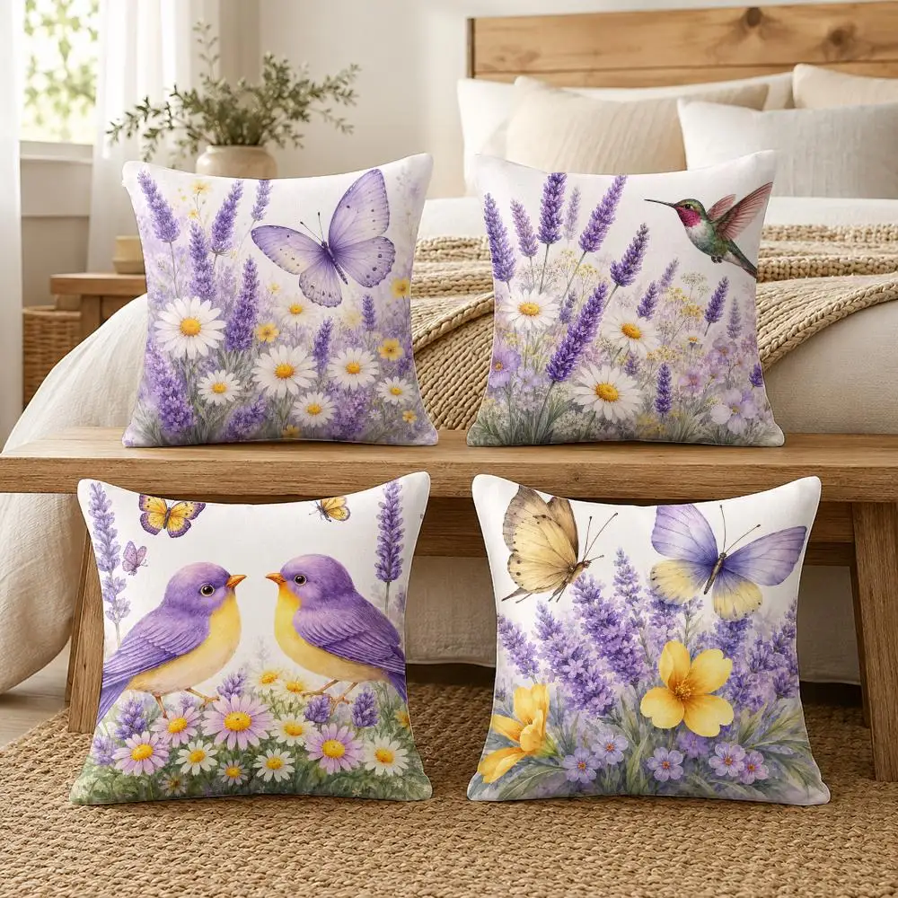 Daisy Lavender Flower Cushion Cover Silky Short Plush Invisible Zipper Dustproof Sofa Pillow Case For Home Decor