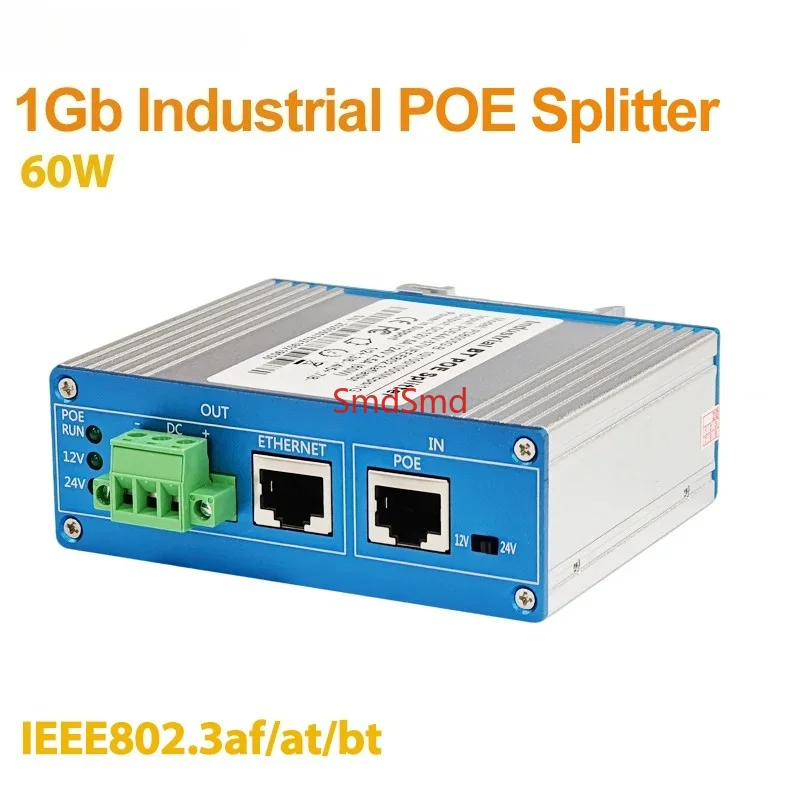 Industrial PoE Splitter 60W Gigabit BT POE to DC 12V/24V Power Output Comply with IEEE802.3BT For Non-PoE Device Up to 100m