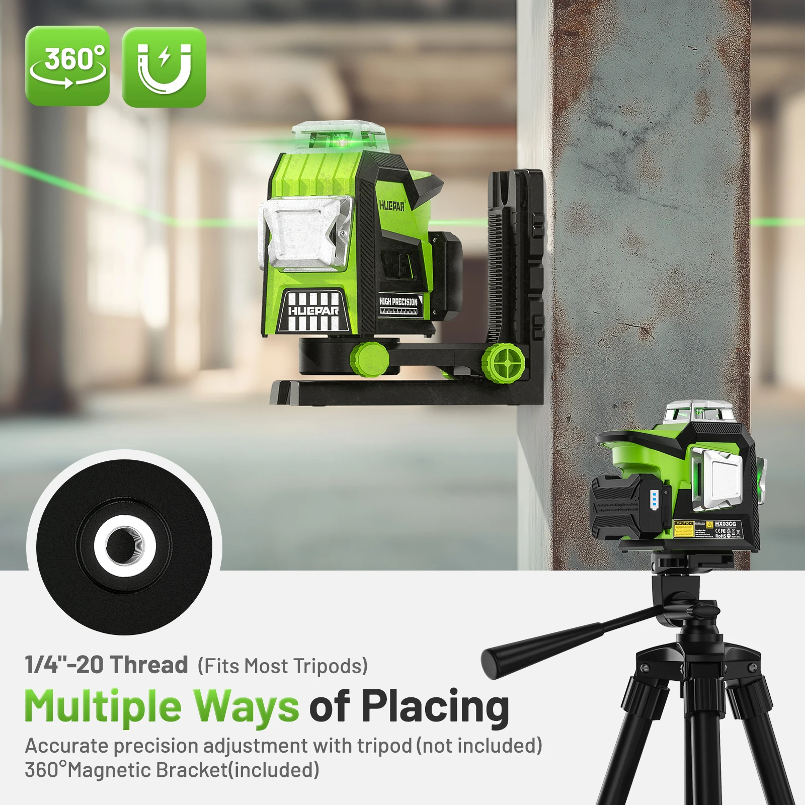 

Huepar 12 Lines 3D Green Beam Laser Level High Precision Cross Line Laser Level Tool with LCD Screen Brightness Adjustment HX03C