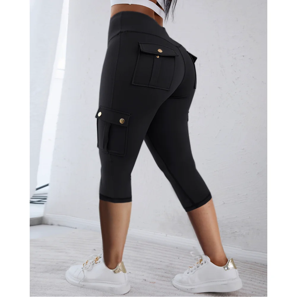 

2025 New Women's Butt Lifting Biker Capris Cargo Leggings High Waist Flap Pocket Workout Capris Gym Active Pants for Yoga