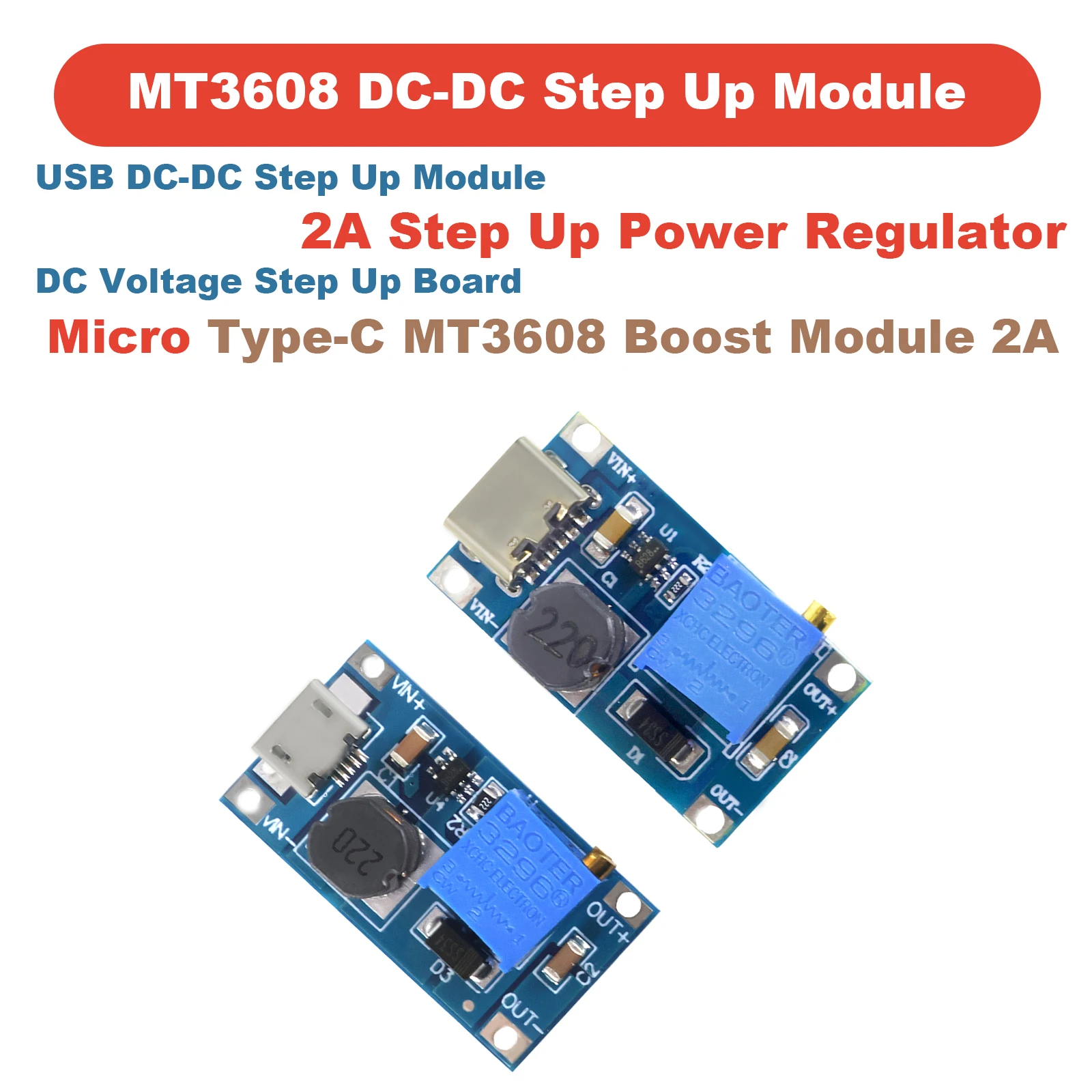 1-10pcs MT3608 DC-DC Step Up Converter 2V-24V to 5V-28V 2A Adjustable Boost Module Micro USB Type-C High Efficiency for Arduino