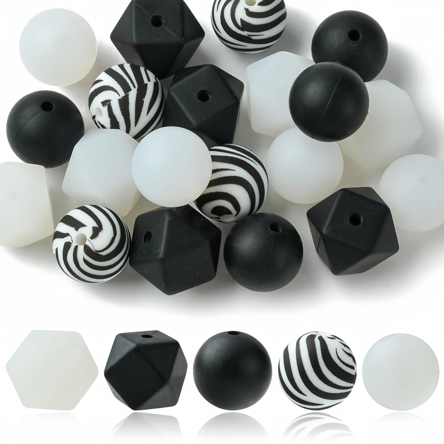 20pcs Gray white Silicone Burnt Beads Round 15mm Spacer Beads Polygon Zebra Stripe Soft Rubber Beads DIY Home Decor Crafts Bangle Keychain Making