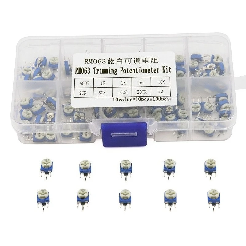 100pcs 10 Values RM063 Blue White Trimmer Potentiometer Kit 6mm Adjustable Resistor Box