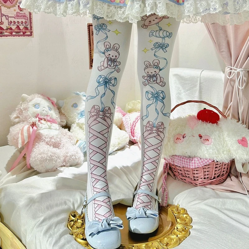 60D женские колготки с высокой талией, эластичные чулочно-носочные изделия для девочек, колготки в стиле Лолиты для косплея, осенне-весенние бархатные чулки с принтом кролика