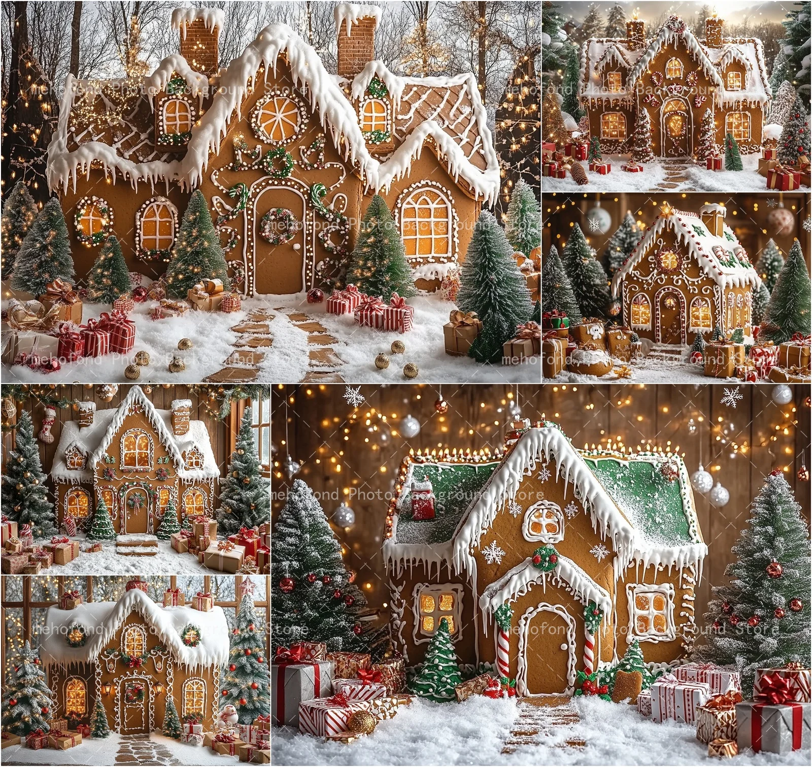 Mehofond Photography Background Winter Christmas Tree Gingerbread House Walkway Warm Light Kids Family Portrait Backdrop Decor
