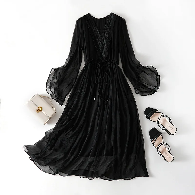 Pure Silk Dress for Women, Embroidery V-Neck, Butterfly Sleeve, Lace Up, Solid Smooth, Mulberry Silk, Summer Dress, 86026