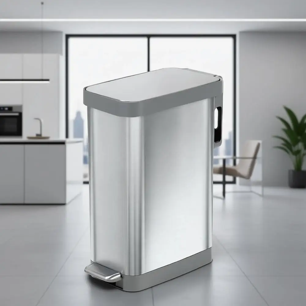 Narrow 12 Gallon Stainless Steel Trash Can with Odor Control, Step-On Pedal, and Bag Holder