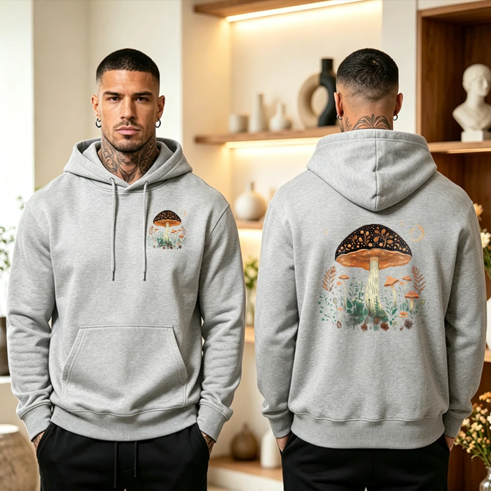 Vintage Celestial Mushroom Forest Graphic Hoodie Men Women Cottagecore Witchy Botanical Front & Back Print Hooded Sweatshirt Top