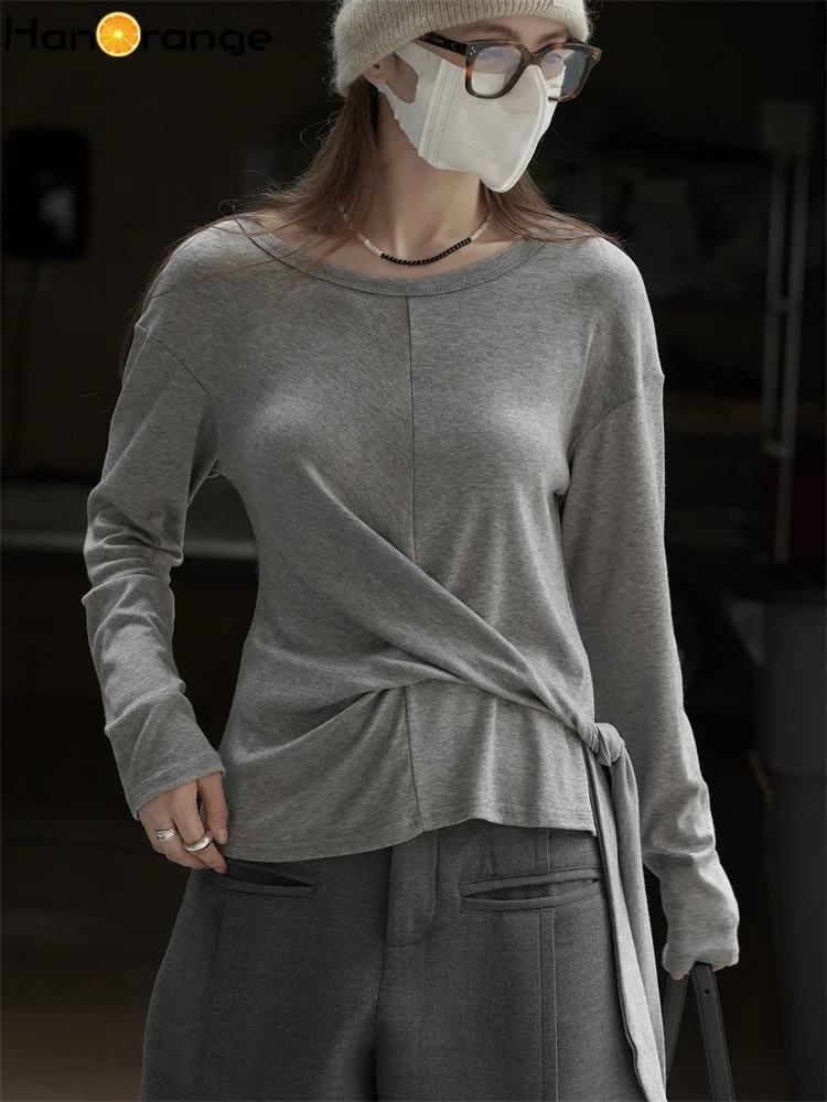 

HanOrange 2025, осенне-зимняя модная футболка с разрезом на бретельках, женские футболки черного/белого цвета/снежного серого цвета